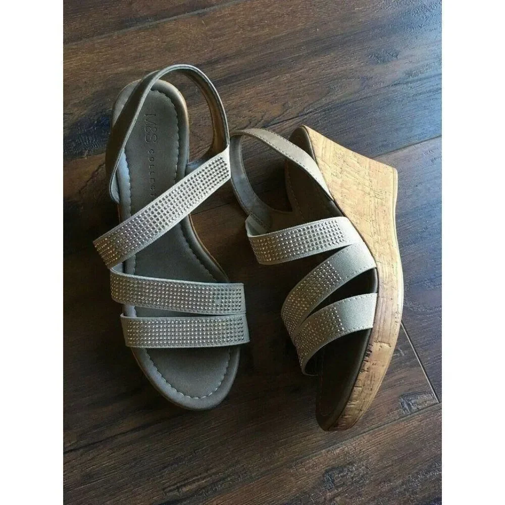𝅺m&s British Taupe Stone Stud Beach Sun High Wedges Shoes Sandals 6.5 EU37 Uk4